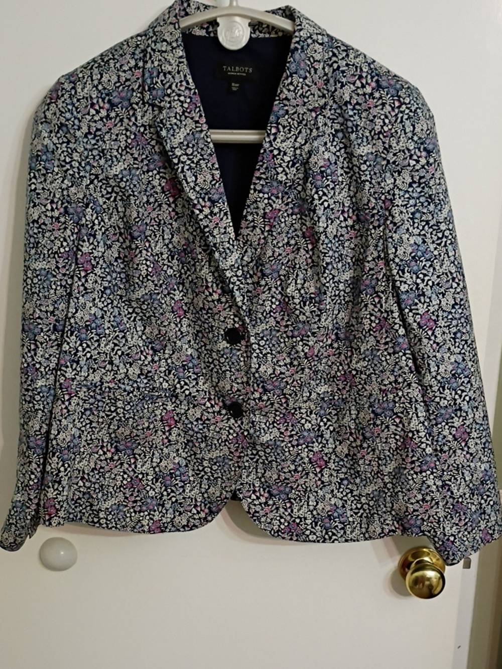 Talbots Navy Print Blazer with Pink & White Flowers Size 16WP.  Lightweight